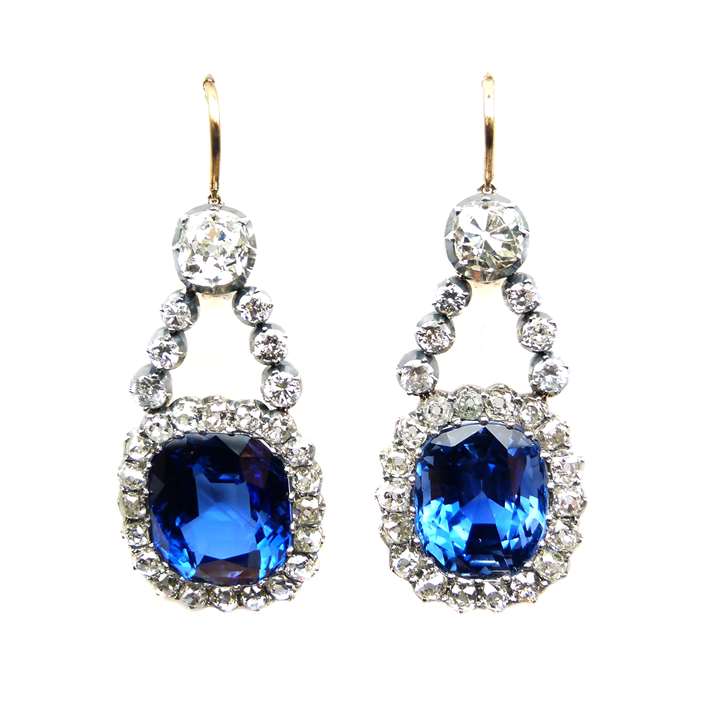 Pair of late 19th century Burma sapphire and diamond cluster pendant earrings.